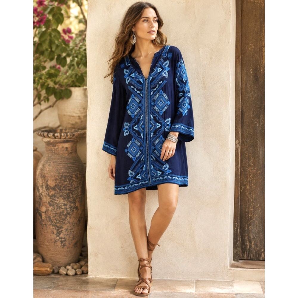 Sigrid Olsen Signature Dress 6 Blue Embroidered Boho Viscose Tunic Shift